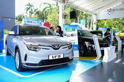 VinFast VF8 electric cars on display at a showroom, showcasing the innovative automotive sector of Vingroup.